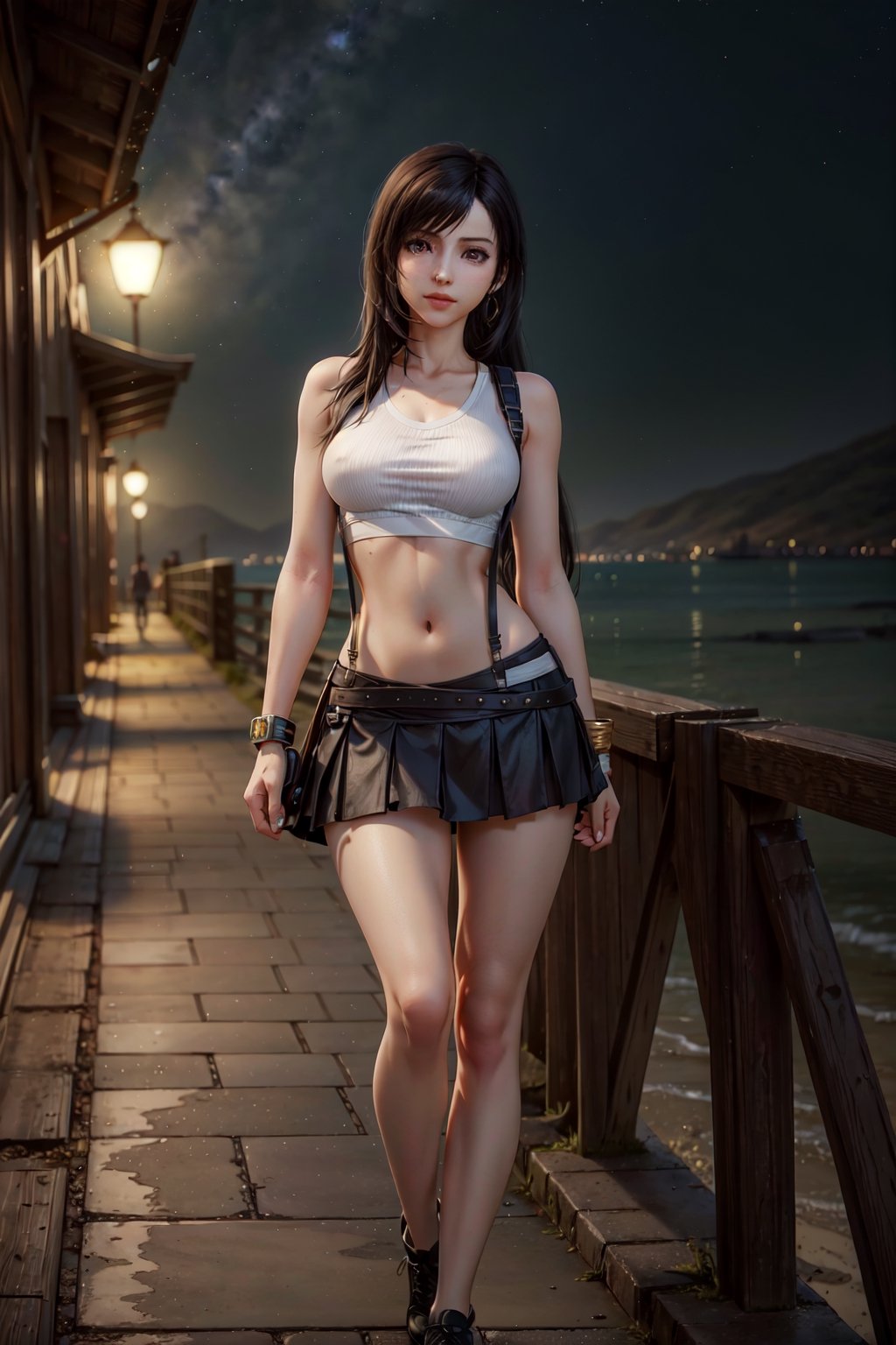 (8k,  RAW photo,  photorealistic:1.25),  1girl,  tifa lockhart, with golden accents,  (full body:1.2),  (highly detailed skin:1.2), ((slim,  skinny waist:1.4)), dynamic pose,  well sunlit,  ((looking at viewer)), Tifa, TifaFF7, white shirt, black skirt, suspenders, 1 girl, beautiful face, beautiful eyes, blue night sky, beach background, colorful