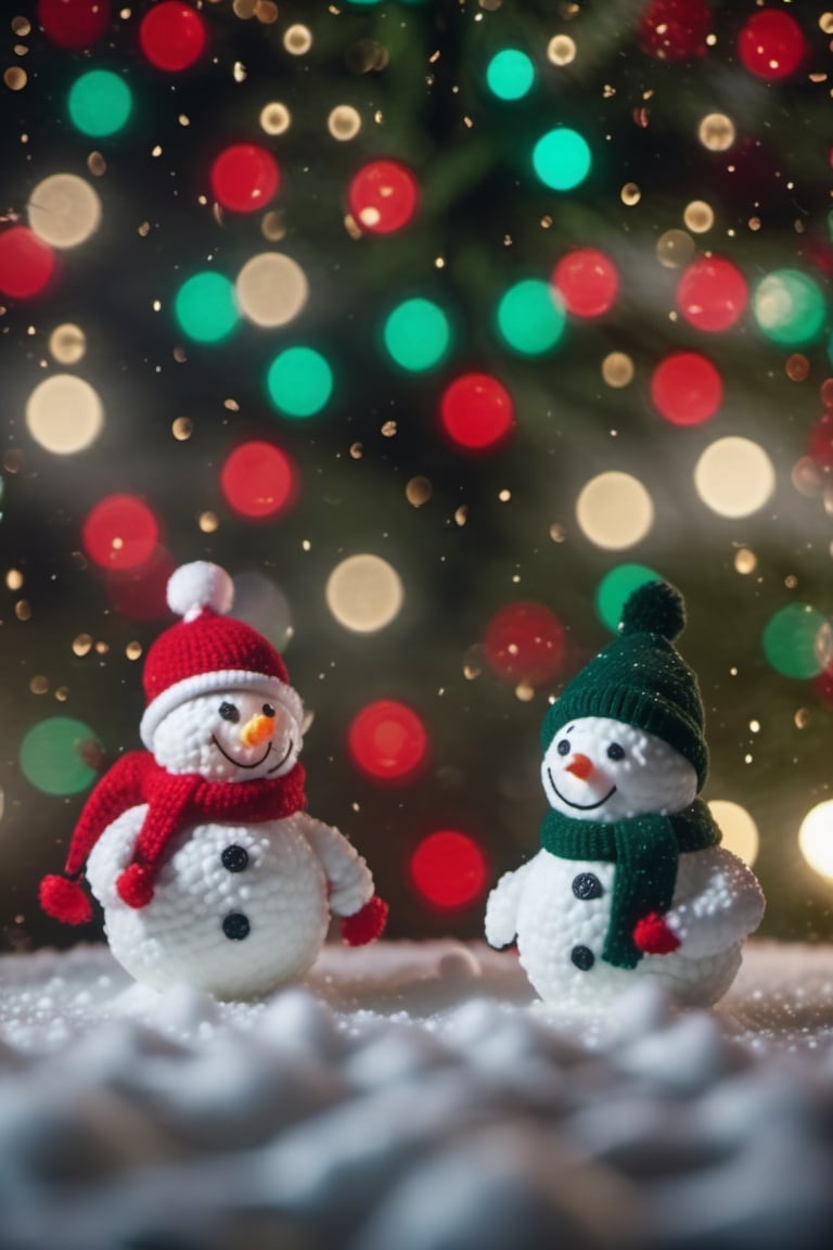 4K HDR, Master Pieces,85mm Lens, Two snowmen having a snowball fight next to a Christmas tree with small red and green light bulbs, warm bokeh lights, on a snowy evening