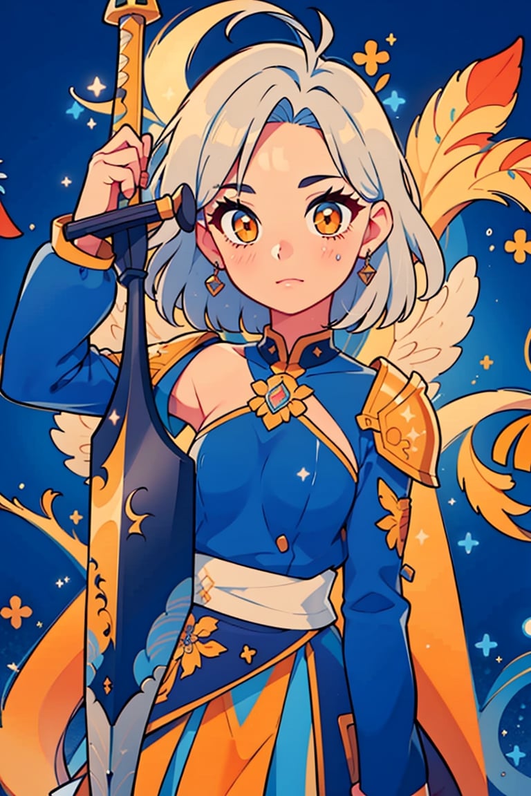 Highly detailed,high quality, beautiful,Masterpiece,(whole body)1girl,solo, orange eyes, mascara, blue hair, medium hair, loose hair,serene, big silver armor) Castle, detailed background, holding_sword, lost look