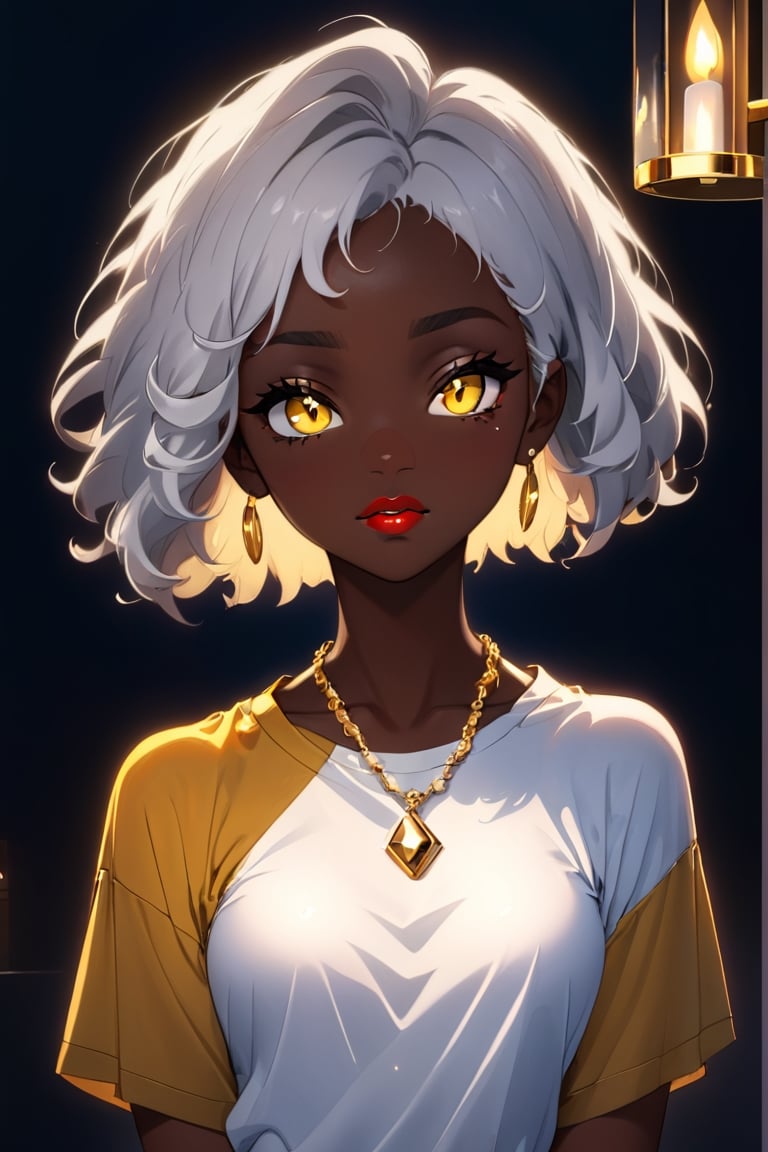 anitoon style, solo, dark skin, 1girl, yellow eyes, jewelry, white hair, necklace, straight hair, short hair, dark-skinned female, makeup, shirt, lipstick, looking at viewer, curly hair, white shirt