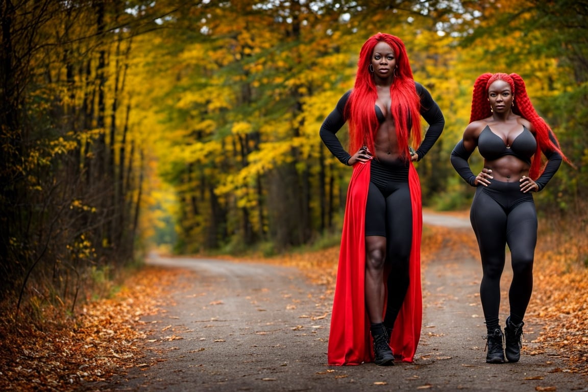 (((((Super Huge Muscles:1))))),(nsfw:1),In front of the autumn road, very long red hair Ridiculously long twintails,Long sleeves and super tight leggings,Very Dark Black Senegalese Black Female,(((big_boob:1.8))),big milf 