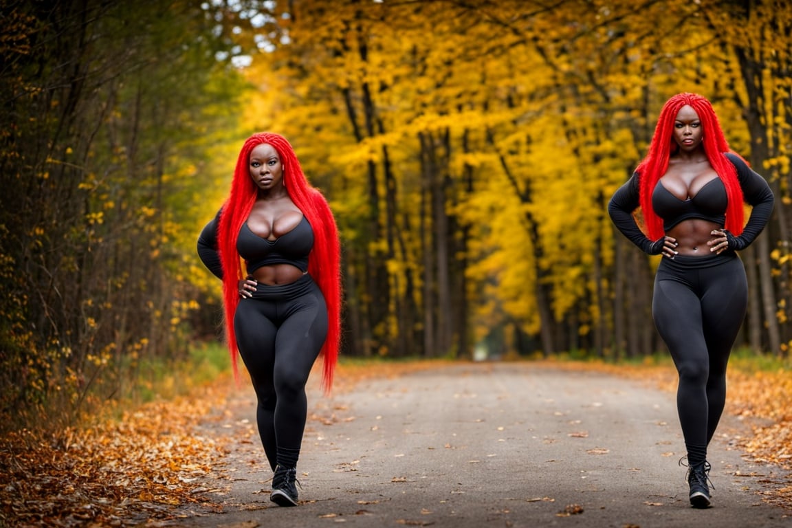 (((((Super Huge Muscles:1))))),(nsfw:1),In front of the autumn road, very long red hair Ridiculously long twintails,Long sleeves and super tight leggings,Very Dark Black Senegalese Black Female,(((big_boob:1.8))),big milf 