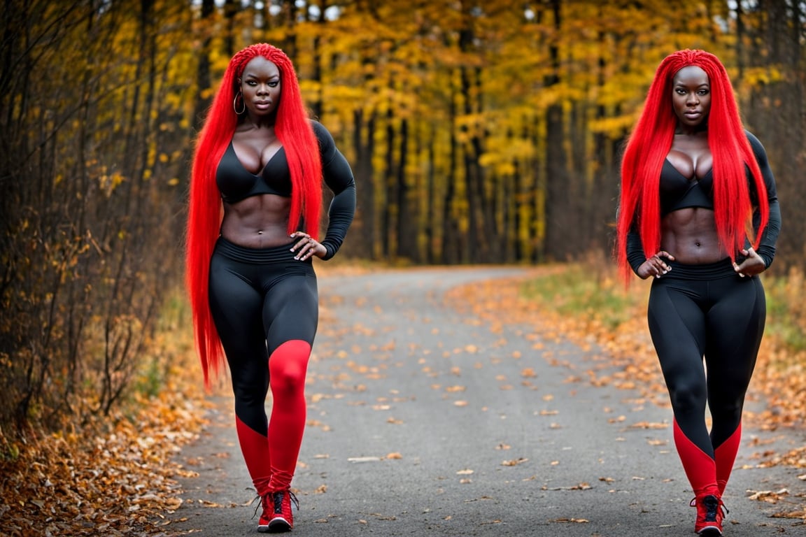 (((((Super Huge Muscles:1))))),(nsfw:1),In front of the autumn road, very long red hair Ridiculously long twintails,Long sleeves and super tight leggings,Very Dark Black Senegalese Black Female,(((big_boob:1.8))),big milf 