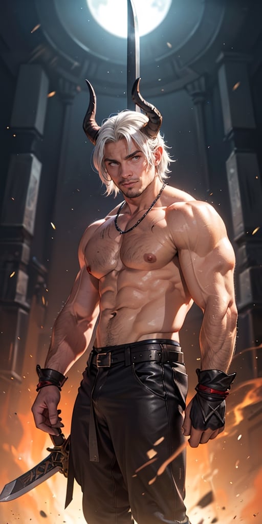 solo, looking at audience, 1boy, holding, yellow eyes, weapon, white hair, male focus, horns, sword, holding weapon, muscles, glowing, colored skin, holding sword, abs, muscular man, glowing eyes, red skin, devil