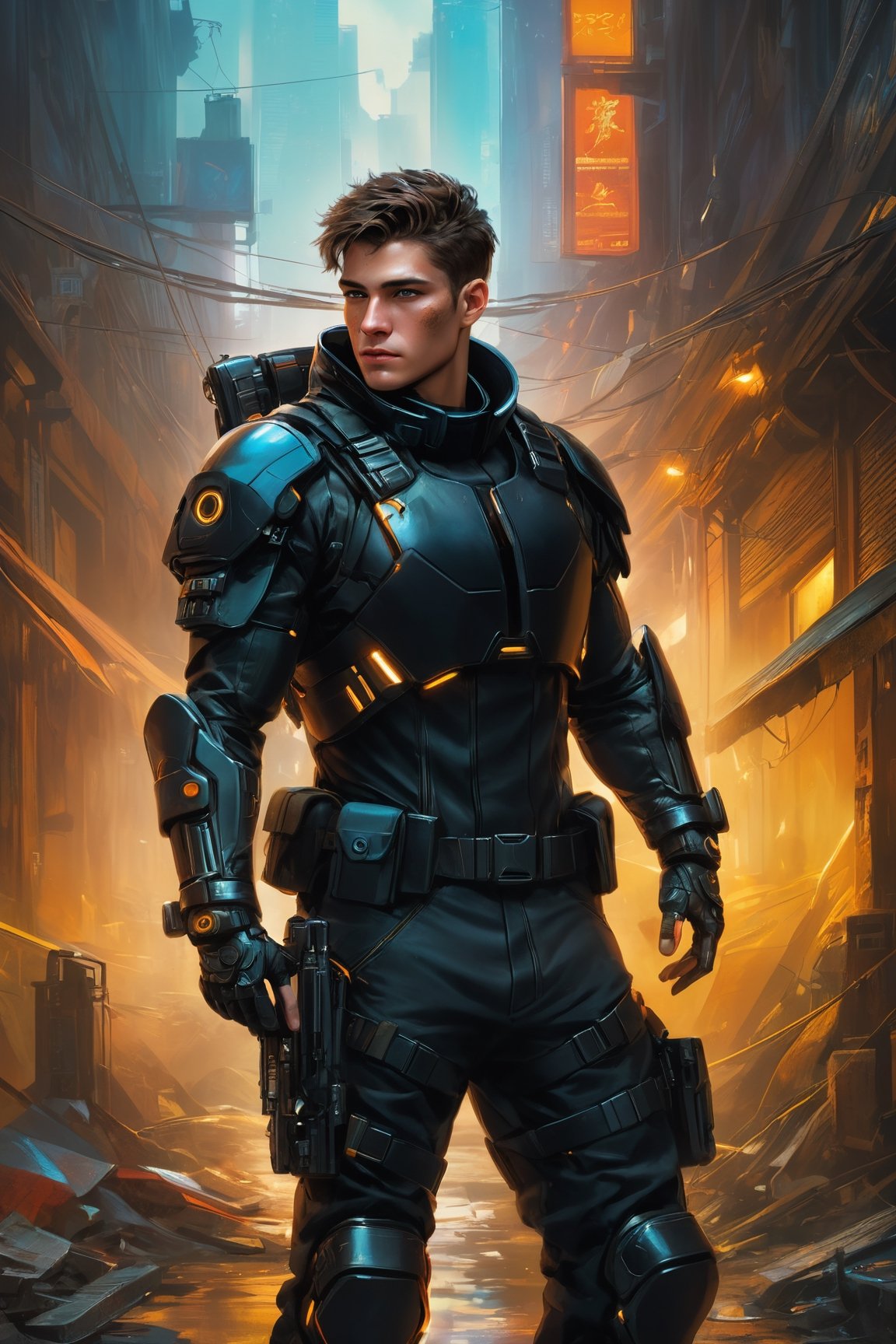 (art by Ary Scheffer:0.8) ,art by Hans Zatzka, High Quality, Masterpiece, An illustration, bestquality, best aesthetic, digital painting, ((oil painting)), [: Semi-realistic, oil painting, a digital illustration of a male wearing black futuristic tactical gear. The background consists of a dark, urban setting, The image has a fantasy theme. Use vibrant colors and details to create a contrast between the male and his surroundings, artwork_(digital), DonMDj1nnM4g1cXL 