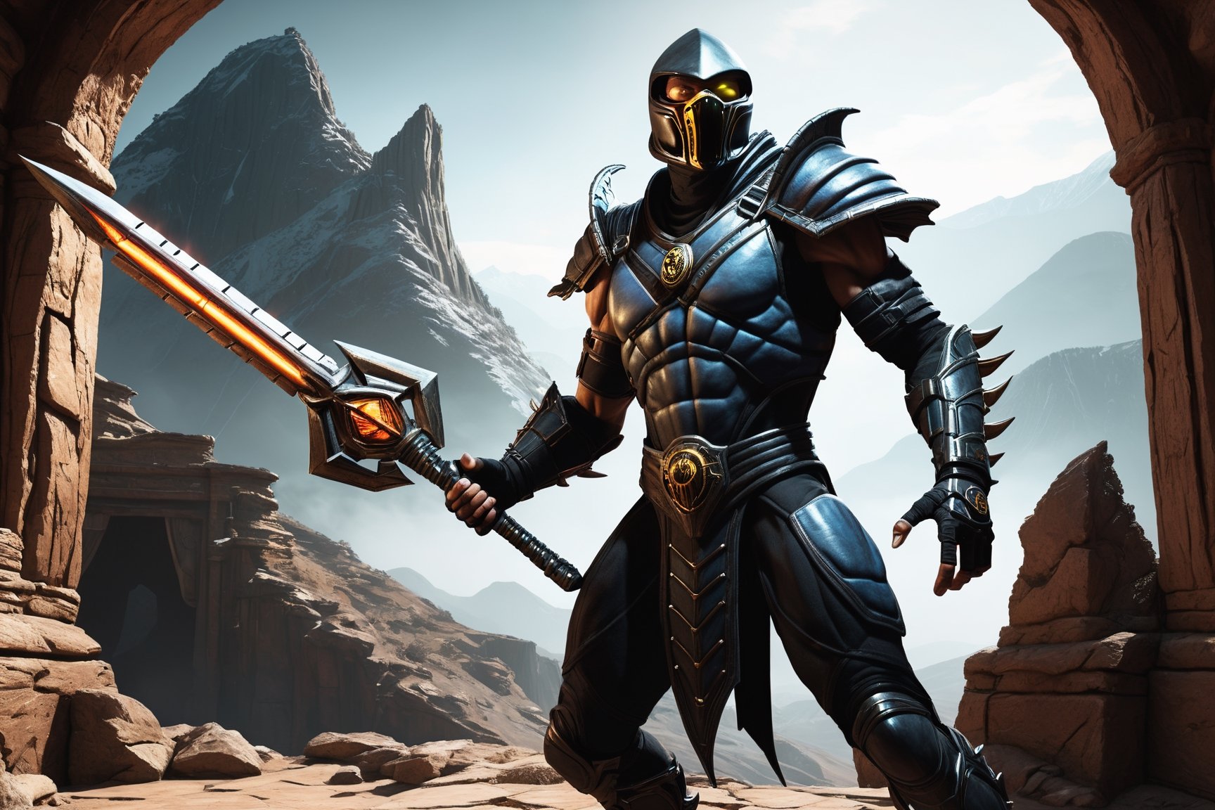 Illustrate an alien warrior, humanoid, cyborg, in the style of the game Mortal Kombat, holding an alien weapon, wearing battle armour, set in an ancient arena high on a mountainside