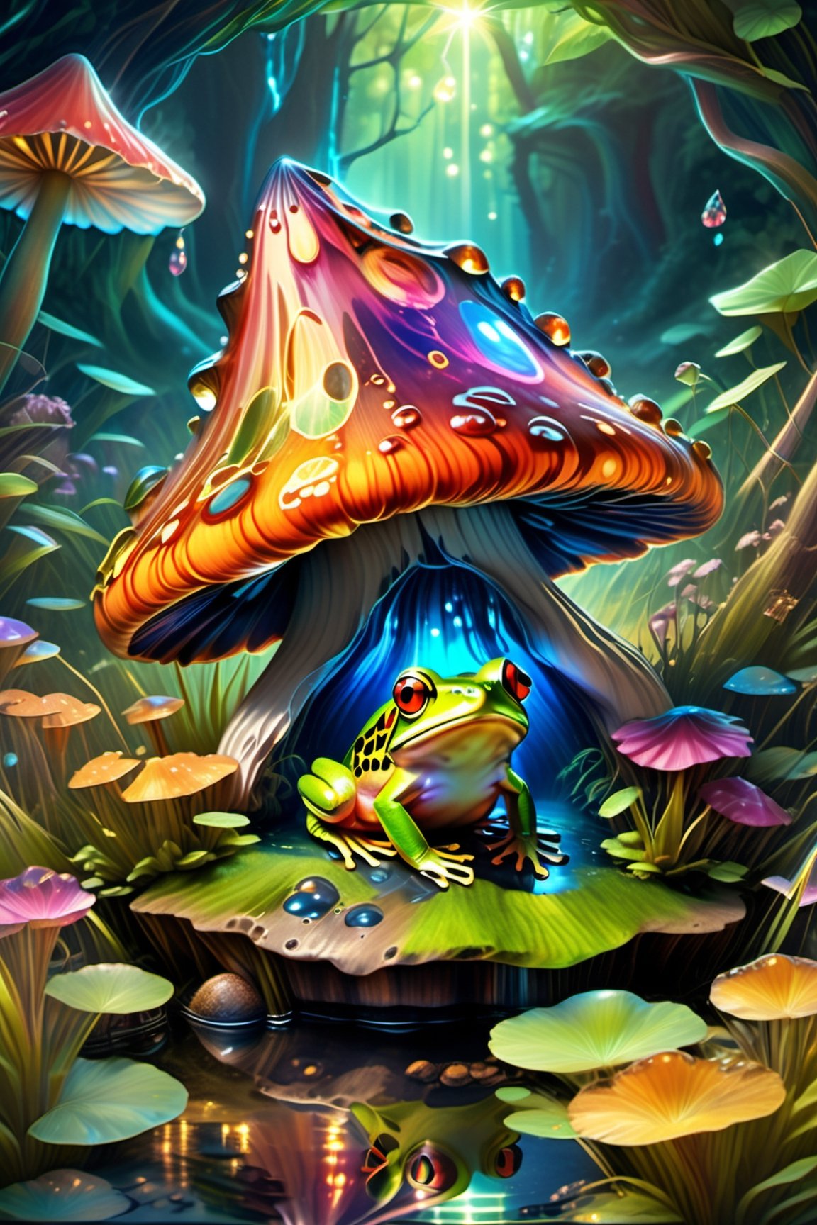 Illustrate an image of a cute frog taking shelter beneath a large colourful mushroom,  set on a small piece of grass beside a small pond,  white background,  high gloss,  DonMBl00mingF41ryXL , DonMDj1nnM4g1cXL, ,ColorART