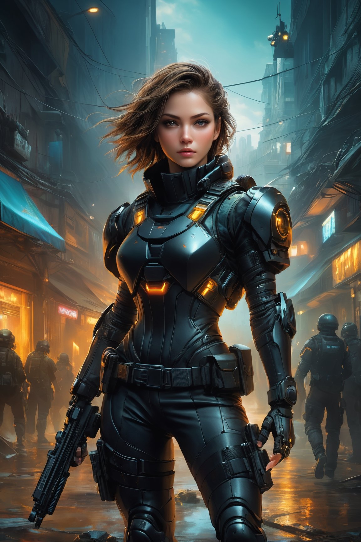 (art by Ary Scheffer:0.8) ,art by Hans Zatzka, High Quality, Masterpiece, An illustration, bestquality, best aesthetic, digital painting, ((oil painting)), [: Semi-realistic, oil painting, a digital illustration of a female wearing black futuristic tactical gear. The background consists of a dark, urban setting, The image has a fantasy theme. Use vibrant colors and details to create a contrast between the female and her surroundings, artwork_(digital), DonMDj1nnM4g1cXL 