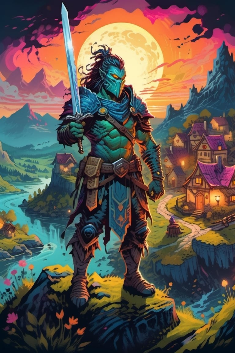 Monster,Leonardo Style, fantasy warrior, hero, half human half face, place character in a fantasy landscape with a small village, dusk, candlelight, moonlight, neon colours, hero holding a mythical ancient sword,