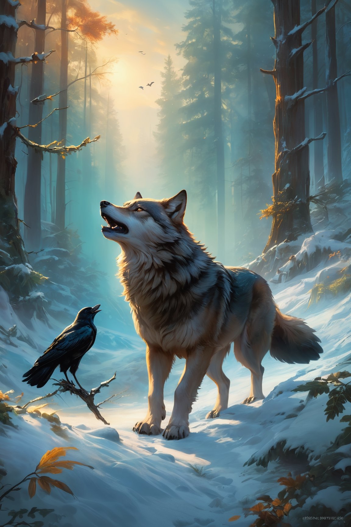 (art by Ary Scheffer:0.8) ,art by Hans Zatzka, High Quality, Masterpiece, An illustration, bestquality, best aesthetic, digital painting, ((oil painting)), [: Semi-realistic, oil painting, a digital illustration of a wolf following a Raven bird flying ahead of him. The background consists of a dark and snowy Forrest. The image has a fantasy theme. Use vibrant colors and details to create a contrast between the male and his surroundings, artwork_(digital), DonMDj1nnM4g1cXL 