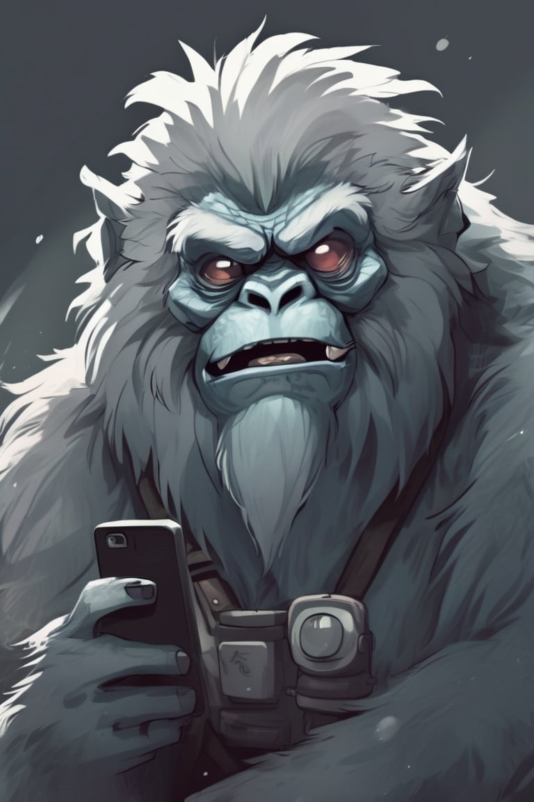 a Yeti taking a selfie, a character portrait by Lü Ji, looking discontent, wild and gloomy, with muted colors, Low contrast, and a somber atmosphere, Moody, Detailed, highly evocative, trending on deviantart