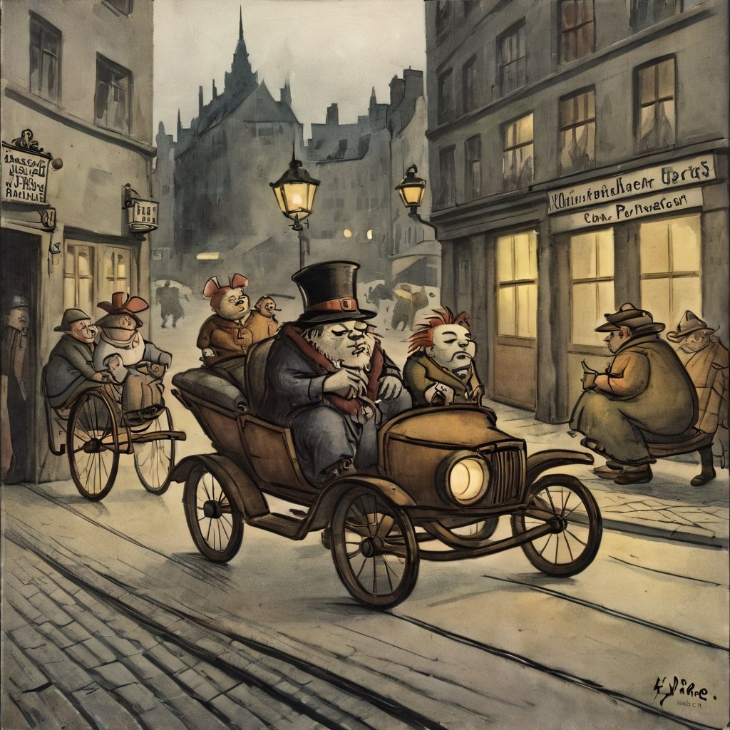 the lonely monster driving an Unconventional Cars in a dark city, by Gris Grimly, Maurice Sendak, Tim Burton, in the style of Jean-Baptiste Monge, Remedios Varo, Juni Ito, Giorgio De Chirico :: 8k resolution concept art trending on Artstation :: hyperdetailed medium shot, vignette :: 8K resolution hyperdetailed intricate liminal eerie precisionism :: DSLR filmic,ZilleAI