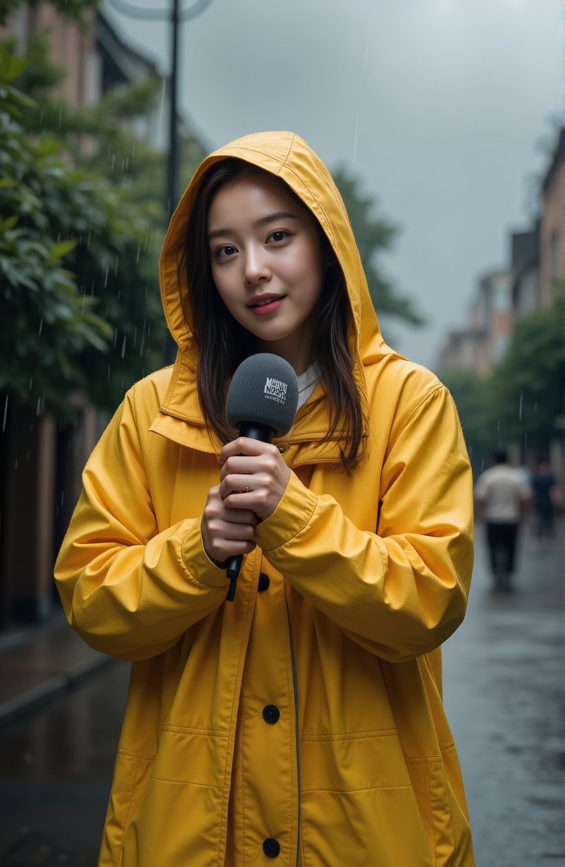 A photorealistic image of a female weather reporter braving a typhoon, inspired by Asian news broadcasts. Key elements include. A young korean girl, wearing a bright yellow raincoat with a hood pulled up. She's holding a microphone with a news station logo, speaking directly to the camera Heavy rain visible in the foreground, creating a misty effect. Strong winds visibly affecting her raincoat and surrounding vegetation Gray, stormy sky in the background with dark clouds. Urban setting with trees or foliage bending in the wind. Puddles on the ground reflecting the gloomy sky. A small news station logo in the corner of the image Photographic style.