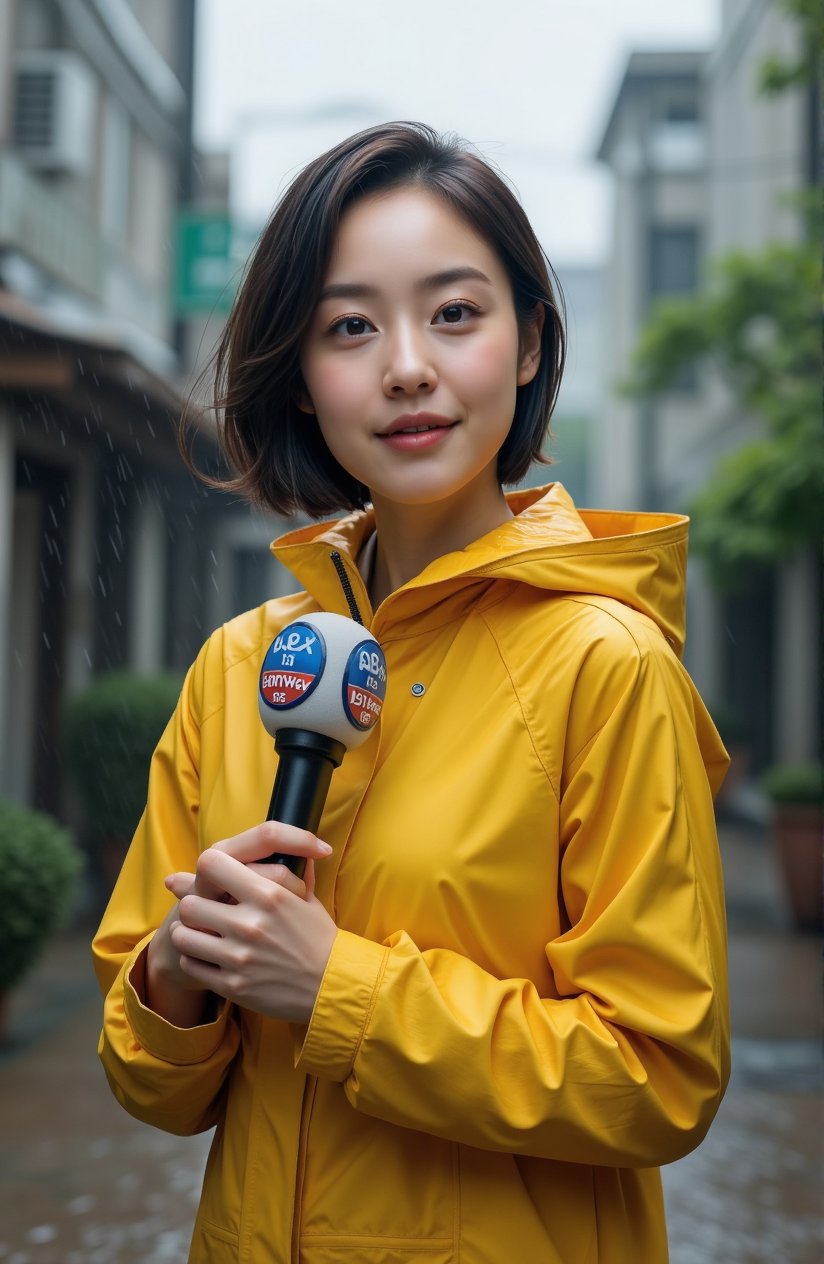 "A photorealistic image of a female weather reporter braving a typhoon, inspired by Asian news broadcasts. Key elements include:\n\n1. A young Asian woman with short black hair, wearing a bright yellow raincoat with a hood pulled up\n2. She's holding a microphone with a news station logo, speaking directly to the camera\n3. Heavy rain visible in the foreground, creating a misty effect\n4. Strong winds visibly affecting her raincoat and surrounding vegetation\n5. Gray, stormy sky in the background with dark clouds\n6. Urban setting with trees or foliage bending in the wind\n7. Puddles on the ground reflecting the gloomy sky\n8. A small news station logo in the corner of the image\n\nPhotographic style:\n- High-contrast lighting to emphasize the dramatic weather\n- Slightly wide-angle perspective to capture more of the environment\n- Motion blur on rain droplets and moving objects to convey the storm's intensity\n\nMood and atmosphere:\n- Sense of determination and professionalism from the reporter\n- Excitement and slight danger from the severe weather conditions\n- Authentic representation of typhoon reporting in Asia\n\nTechnical aspects:\n- Sharp focus on the reporter's face\n- Droplets of water visible on the raincoat and reporter's face\n- Realistic water effects on surfaces and in the air\n- Detailed textures on the raincoat and surrounding environment\n"