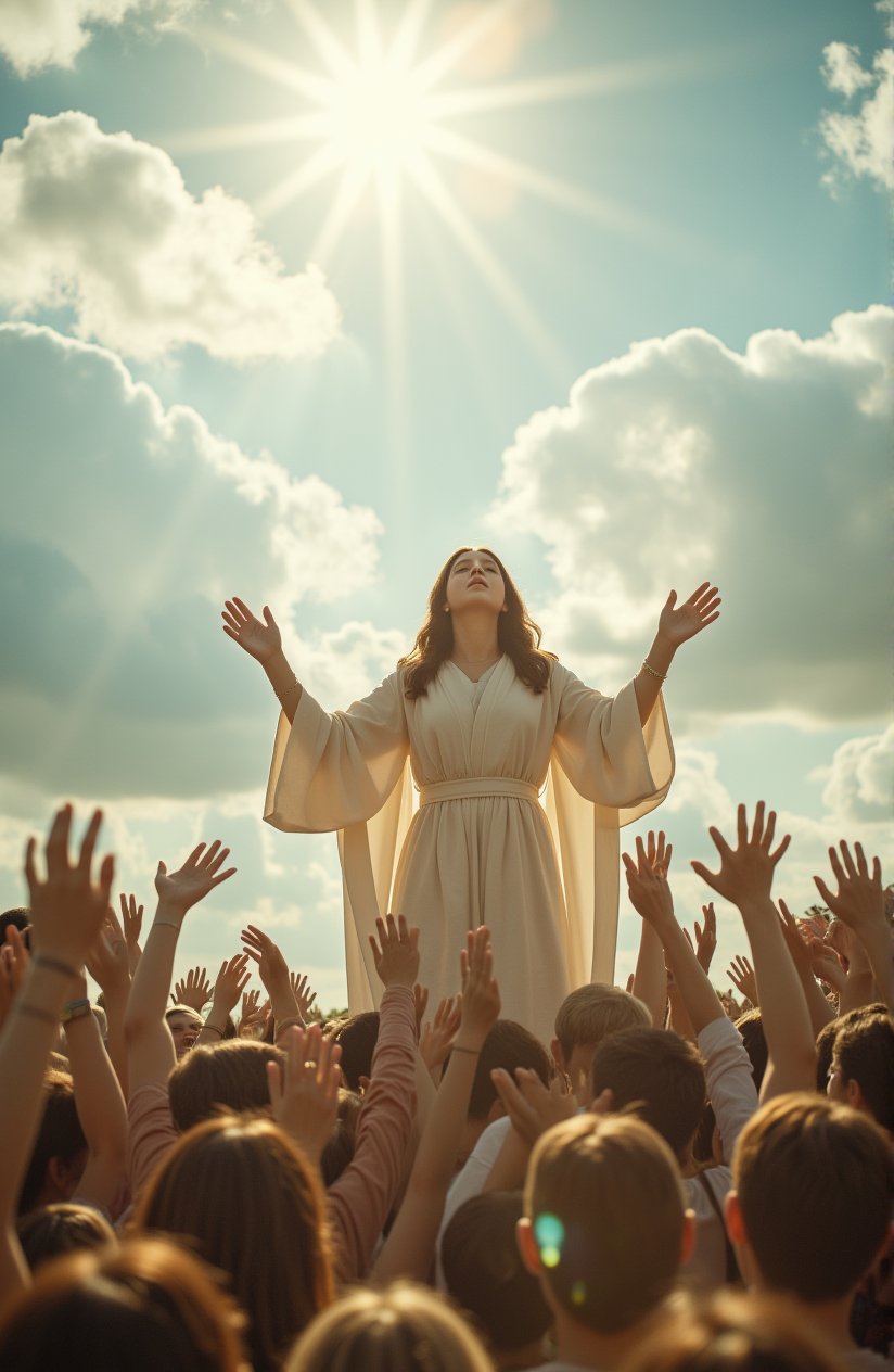 A sun-drenched sky frames the ecstatic scene as hundreds gather to witness Girl Christ's ascension. Her face is k-pop girl group member face. Wearing mideastern garb of the times of Girl. Tears of joy stream down faces upturned in awe, as the resurrected Savior rises into the heavens, his radiant form aglow with divine light. The atmosphere is electric with emotion, as the crowd stretches out hands in worship, their voices lifted in praise and thanksgiving.