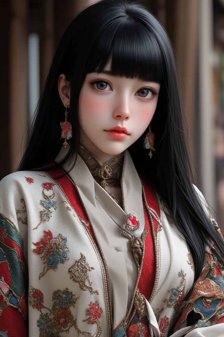 Super detailed, super realistic, beautiful Nordic girl with long hair and blunt bangs,
 Wearing ancient national costume, long straight black hair, Yakut national costume, (beautiful blue eyes), almond eyes, intricate textiles decorated with colorful and intricate geometric patterns, arms decorated with decorative embroidery.
Beautiful crystal blue eyes, almond eyes, complex fabric decorated with colorful and intricate geometric patterns, white, red and green and other earth tones clothes,, aw0k euphoric style,, perfect imitation of TaisaSDXL, dal, ct-identityV2