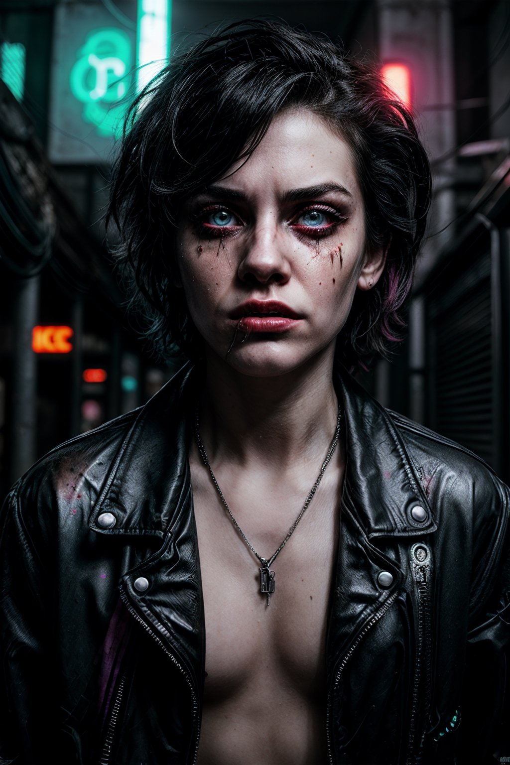 [grunge girl], cyberpunk, [(neon lights:1.3)], distorted aesthetics, glitch effects, [(chaotic environment)], [iridescent color palette], moody atmosphere, [(dystopian cityscape)], [(distorted reality:1.2)], [dark and gritty tones], [(rebellious attitude)], [futuristic fashion], [(detailed texture:1.2)], [(vivid digital art:1.1)], [(dramatic pose:1.1)], [(dynamic composition:1.2)], [cybernetic elements], [torn clothing], [(industrial backdrop:1.1)], [(graffiti art:1.1)], [artistic expression], [(emotionally charged:1.1)], [(chaos and order juxtaposition)], [(surrealistic vibes)], [(pop of colors)], [(rebellious spirit:1.1)], [(energy and movement:1.2)], [(emerging from the digital realm:1.2)],Detailedface,perfect eyes