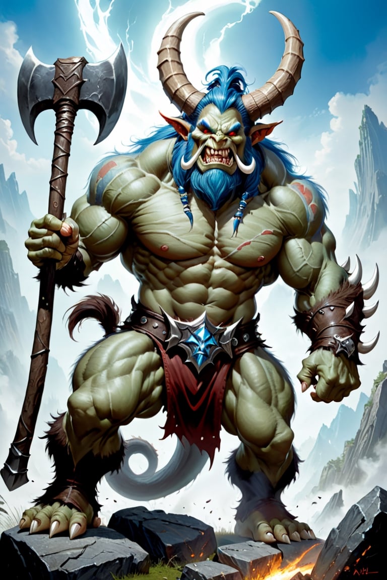 monster  warlord troll with giant horns on head waving a big ax, action pose, fantasy character, style by style of Jim Lee, boris vallejo
