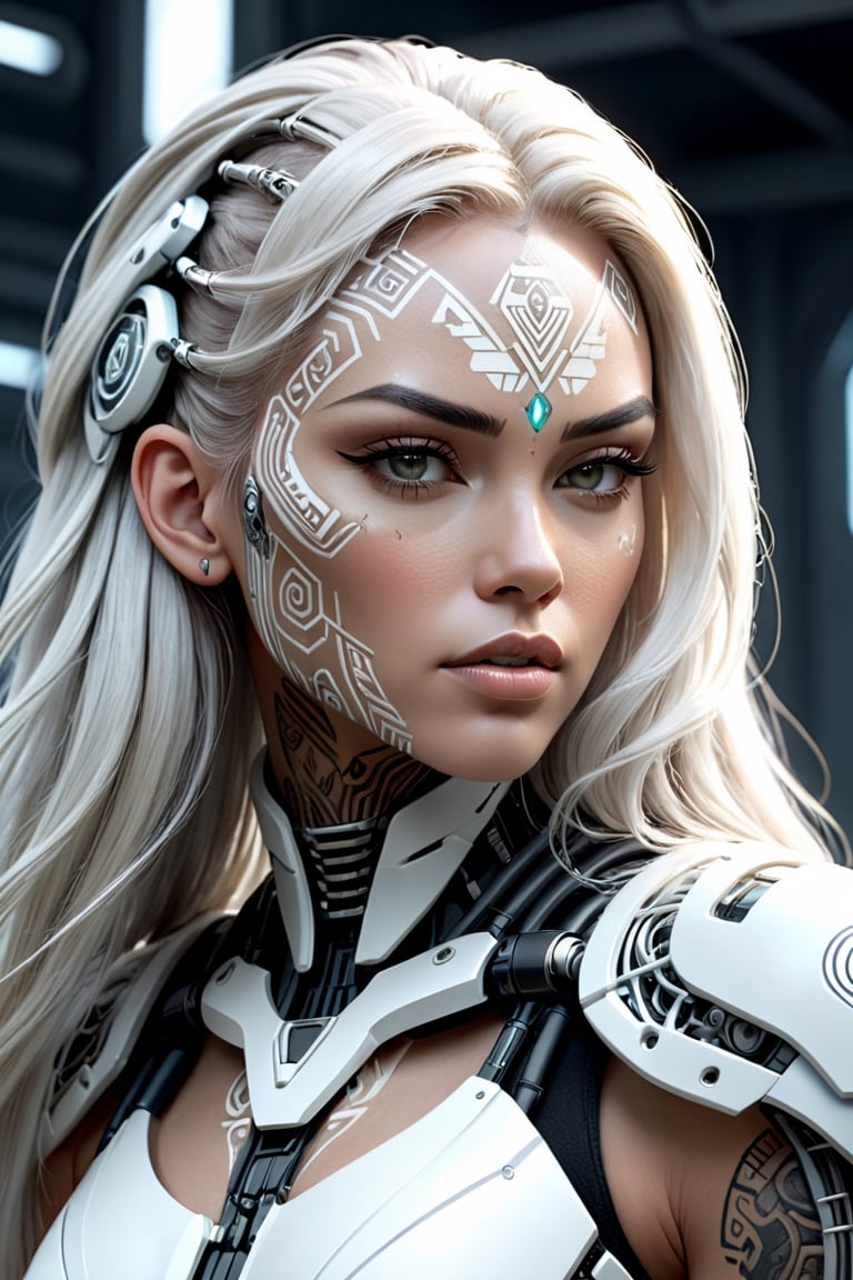 kevlar combat exoskeleton cyborg,  beautiful scandinavian woman maori tattoo  face, luscious white long hair, mecha style, ethereal, highly detailed digital art, futuristic ambient, daylight, cinematic lighting, intricate body details, 16k, ue5