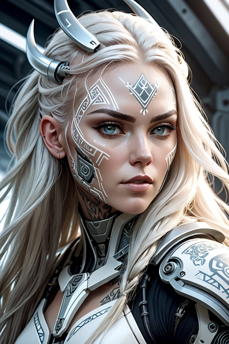 kevlar combat exoskeleton cyborg,  beautiful scandinavian woman viking tattoo  face, luscious white long hair, mecha style, ethereal, highly detailed digital art, futuristic ambient, daylight, cinematic lighting, intricate body details, 16k, ue5