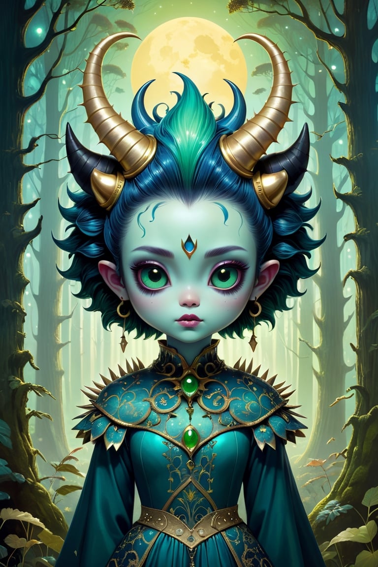 a blue and green cute little forest monster with horns on it's head in style of tom bagshaw, big reflective eyes, spiky, glittering painting, fairytale atmosphere, golden glowing, soft glow colors, insane detailed, vivid tonal range, rim lighting, sunset, intricate detail, fantasy art, sharp focus, 16k, ue5, style of takashi murakami , ake