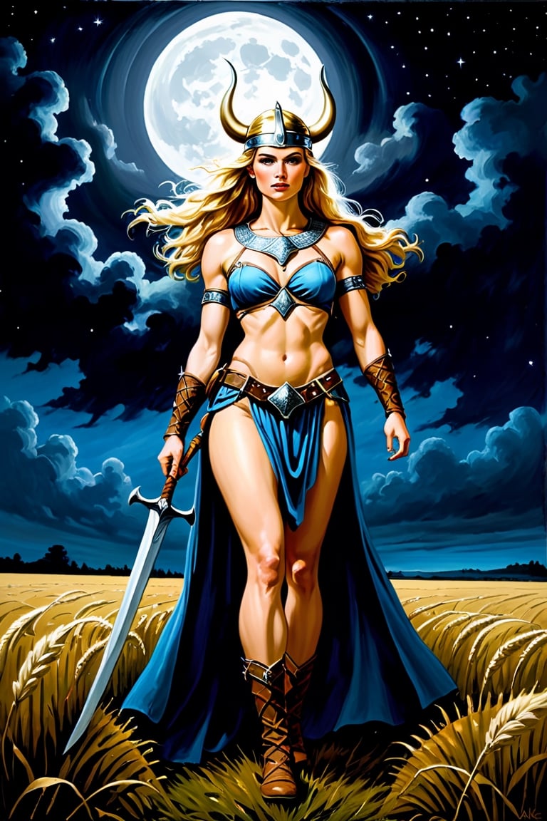 viking heroin goddess in the field against dark forces of the night, heroic warrior, proud woman, oil on canvas, masterpiece, by ake