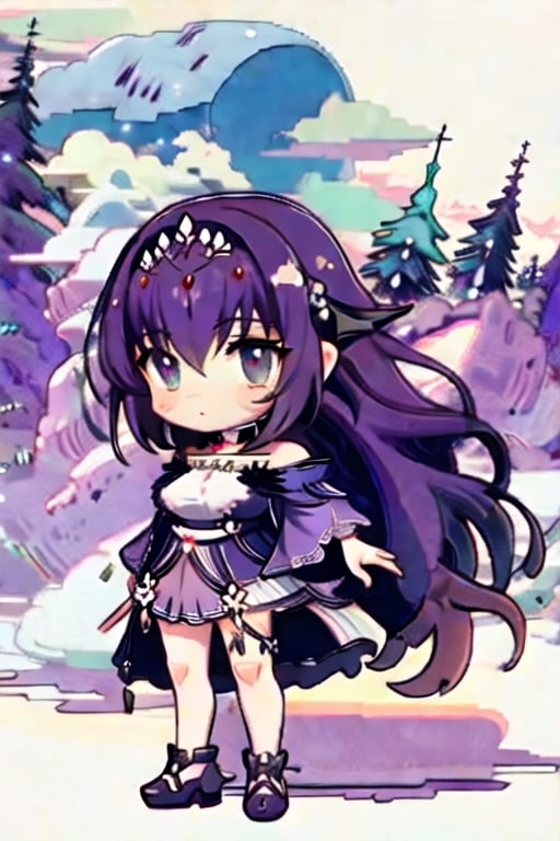 ((best quality)), ((masterpiece)), detailed,cute, cls_chibi,midjourney,FGO, purple long hair, standing, beautiful eyes