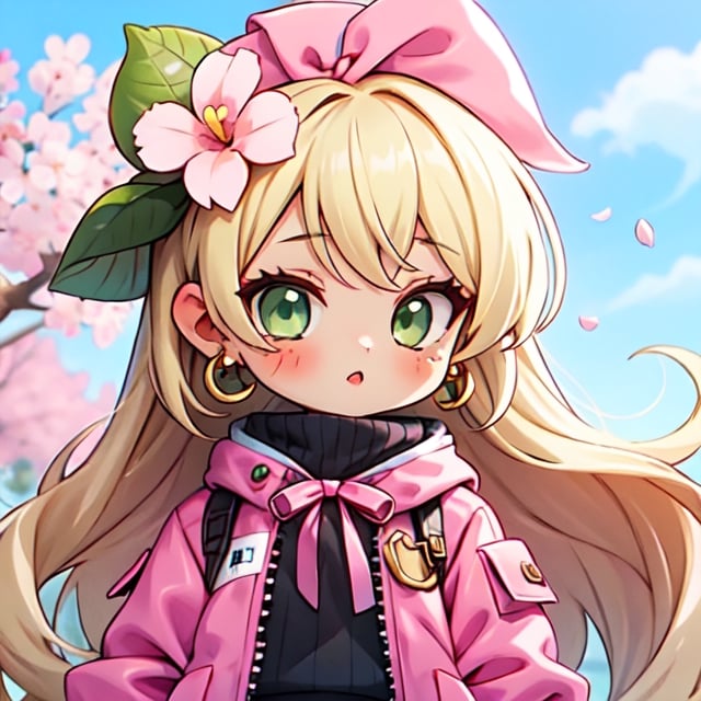 godoacrime, 1girl, among us, chibi, wavy long hair, blonde hair, beautiful eyes, green eyes, white European-style adventurer clothing, pink ribbon bow on the head, blossom earrings, pink jacket,cls_chibi