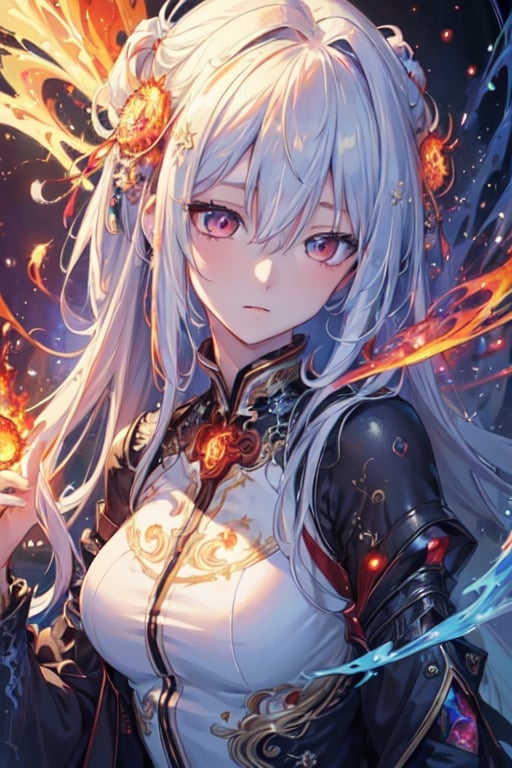 (masterpiece, top quality, best quality, official art, beautiful and aesthetic:1.2), (1girl), extreme detailed,(abstract, fractal art:1.3),colorful hair,highest detailed, detailed_eyes, fire, water, ice, lightning, light_particles, ghost,