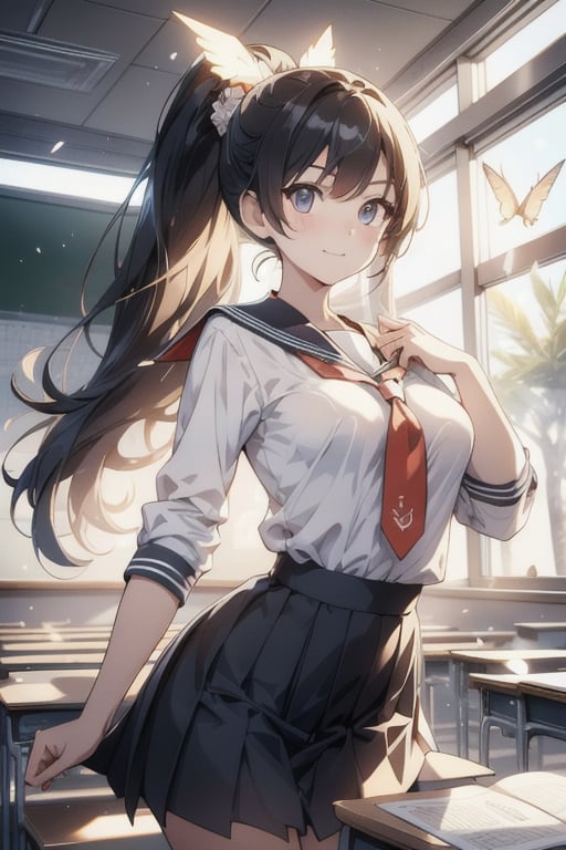 anime style beautiful woman, 1girl, (ponytail), (long hair), (smile), (((Classroom, blurry background))),
Slender, skinny, (turime), thick eyebrows, 
(school uniform), (sailor uniform), ((red sailor tie)), (white sailor blouse),  
vibrant colors, sharp focus, best quality, depth of field, cinematic lighting, (illustration, 8k CG, extremely detailed), ultra-detailed, high resolution, firefliesfireflies, perfect light, 
stylish pose, 8k, very clear, highest quality, high resolution. best quality, illustration, sax blue,  (dynamic lighting:1.2), cinematic lighting, delicate facial features, detailed eyes, sharp pupils, realistic pupils, depth of field, bokeh, sharp focus, (hyper-detailed, bloom, glow:1.4), many small gems, 
 Classroom,light,see-through,glitter,IncrsAnyasHehFaceMeme