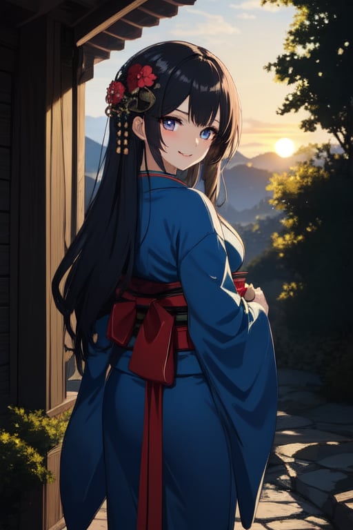 A serene Japanese maiden stands alone amidst a lush, verdant backdrop. Her long, raven-black locks cascade down her back, adorned with a traditional hair ornament that catches the soft, warm light of the setting sun. Her bangs frame her heart-shaped face, where a subtle, enigmatic smile plays on her lips. Her eyes, like polished black jewels, seem to hold a secret as she gazes directly at the viewer. A delicate hair flower is nestled among her tresses, adding a touch of whimsy to her demure kimono-clad figure. The sash that cinches her waist is a vibrant splash of color against the muted tones of her outdoor surroundings.(masterpiece:1.4), Best Quality, 16k, ultra-detailed, finely detailed, high resolution, perfect dynamic composition ,detailed eyes, detailed background ,depth of fields ,perfect proportion ,hyperdetailing skin, cinematic lighting, 