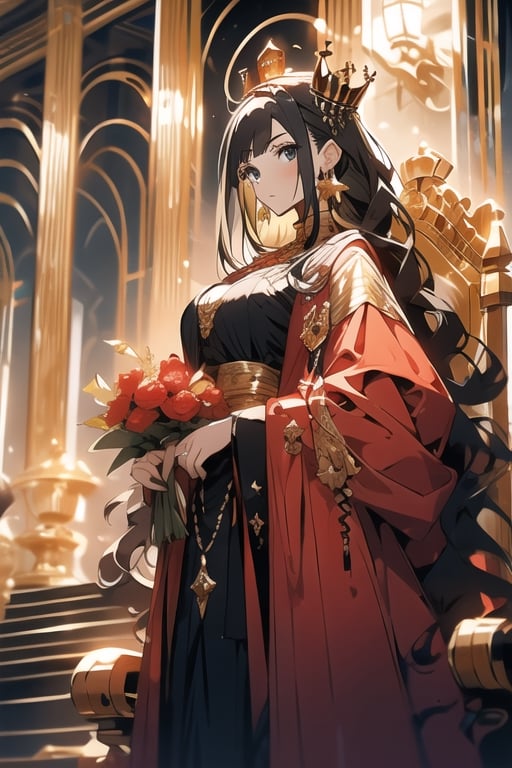 One girl(adult woman, on the throne), black long hair, black eye , serious face, medium breast, masterpiece,  best quality,  high quality, chlotes( long royal dress (golden, red, black), crown (gold/black), earrings  (dress:1.3)), background (Royale throne room ,big hall , little stairs, ground whit throne, throne (gold/black), shining light from the up)