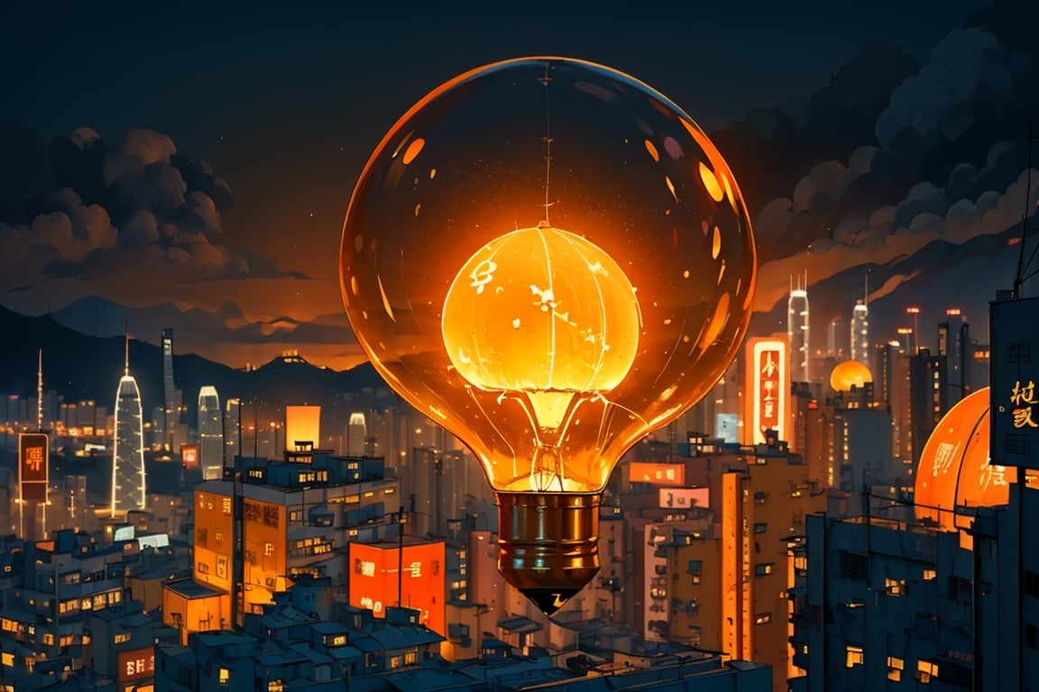 (((Hong Kong city within a big light bulb))), concept art, ((orange colour theme)),DonMG414 