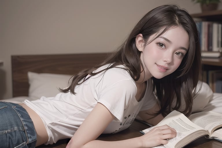 masterpiece, best quality, cinematic light, vibrant colour, realistic, 1girl, blush, gleaming skin, mature_female, beautiful face, brown_eyesL, sweet smile, long-wave-hair, Sitting at the desk, reading a book, wear a short t-shirt, Lying in bed, back shot