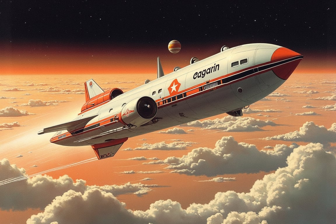 a masterpiece, a horizontal gas carrier spacecraft, the inscription on board "Gagarin" and a red star, spherical reservoirs, smooth contours of the hull, rounded rectangular portholes, rises from the clouds, jets of ttuman flow down the hull of the ship, takeoff against the background of several layers of clouds of the gas giant planet, orange-white layers of clouds, starry sky, The colors are saturated, with a combination of cold and warm tones. The image is characterized by a high level of detail and depth