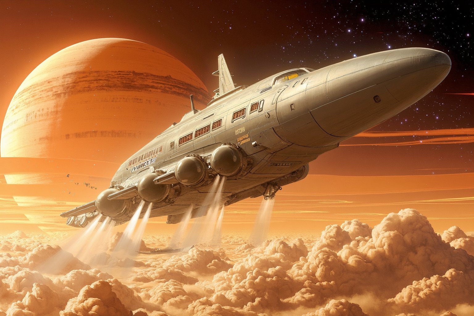 a masterpiece, a horizontal gas carrier spacecraft, spherical tanks, smooth contours of the hull, rounded rectangular portholes, rises from the clouds, jets of ttuman flow down the hull of the ship, takeoff against the background of several layers of clouds of the gas giant planet, orange-white layers of clouds, starry sky, high-quality digital graphics, artgerm, trends art station, Sid Mead,