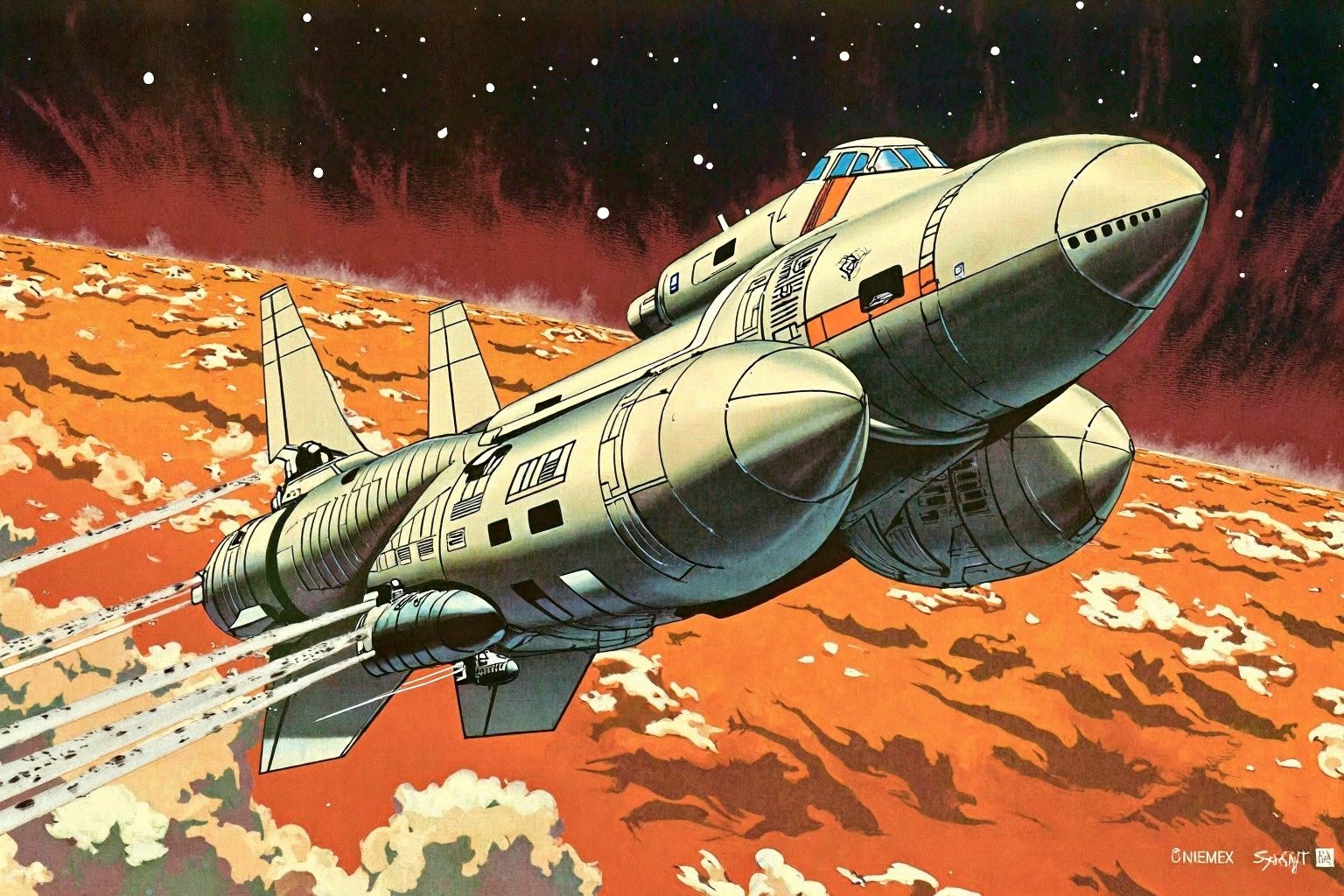 a masterpiece, a horizontal gas carrier spacecraft, spherical tanks, smooth contours of the hull, rounded rectangular portholes, rises from the clouds, jets of ttuman flow down the hull of the ship, takeoff against the background of several layers of clouds of the gas giant planet, orange-white layers of clouds, starry sky, high-quality digital graphics, artgerm, trends art station, Greg Rutkowski, Sid Mead,