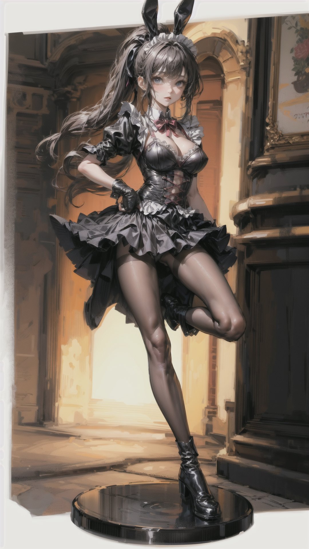 maid_outfit,1 girl, boots, bra,  very long hair, black thighband pantyhose, full body view, full height, full body focus, high heeled,kneehigh_boots, fair-skinned girl, tall, narrow waist, dynamic poses, dynamic angles, lolita fashion, long gloves, black gloves, frilly gloves, sex, thighs, bare thighs, long bangs, upskirt, big breasts, dress,ponytail,floating hair,bunny girl, long legs, spread legs, bound,kneehigh_boots,black pantyhose