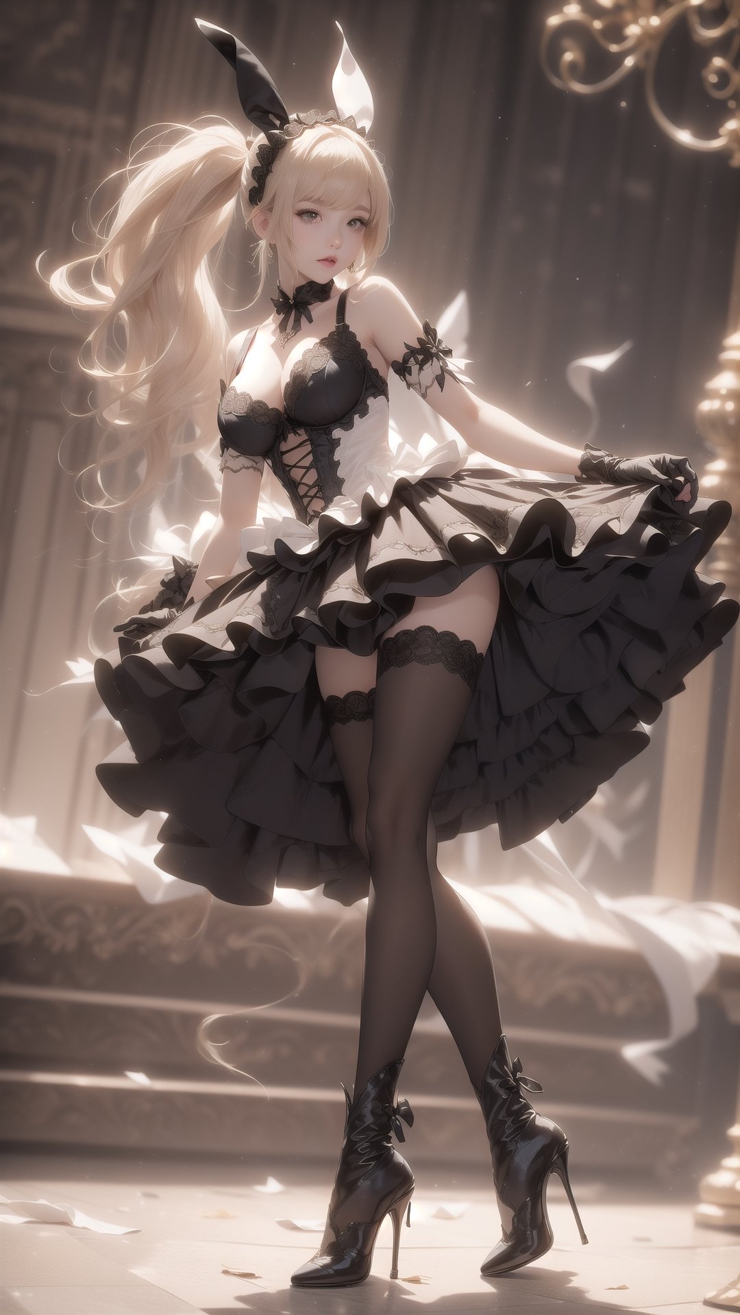 maid_outfit,1 girl, boots, bra,  very long hair, black thighband pantyhose, full body view, full height, full body focus, high heeled,kneehigh_boots, fair-skinned girl, tall, narrow waist, dynamic poses, dynamic angles, lolita fashion, long gloves, black gloves, frilly gloves, sex, thighs, bare thighs, long bangs, upskirt, big breasts, dress,ponytail,floating hair,bunny girl, long legs, spread legs, bound,kneehigh_boots,black pantyhose,yuzu