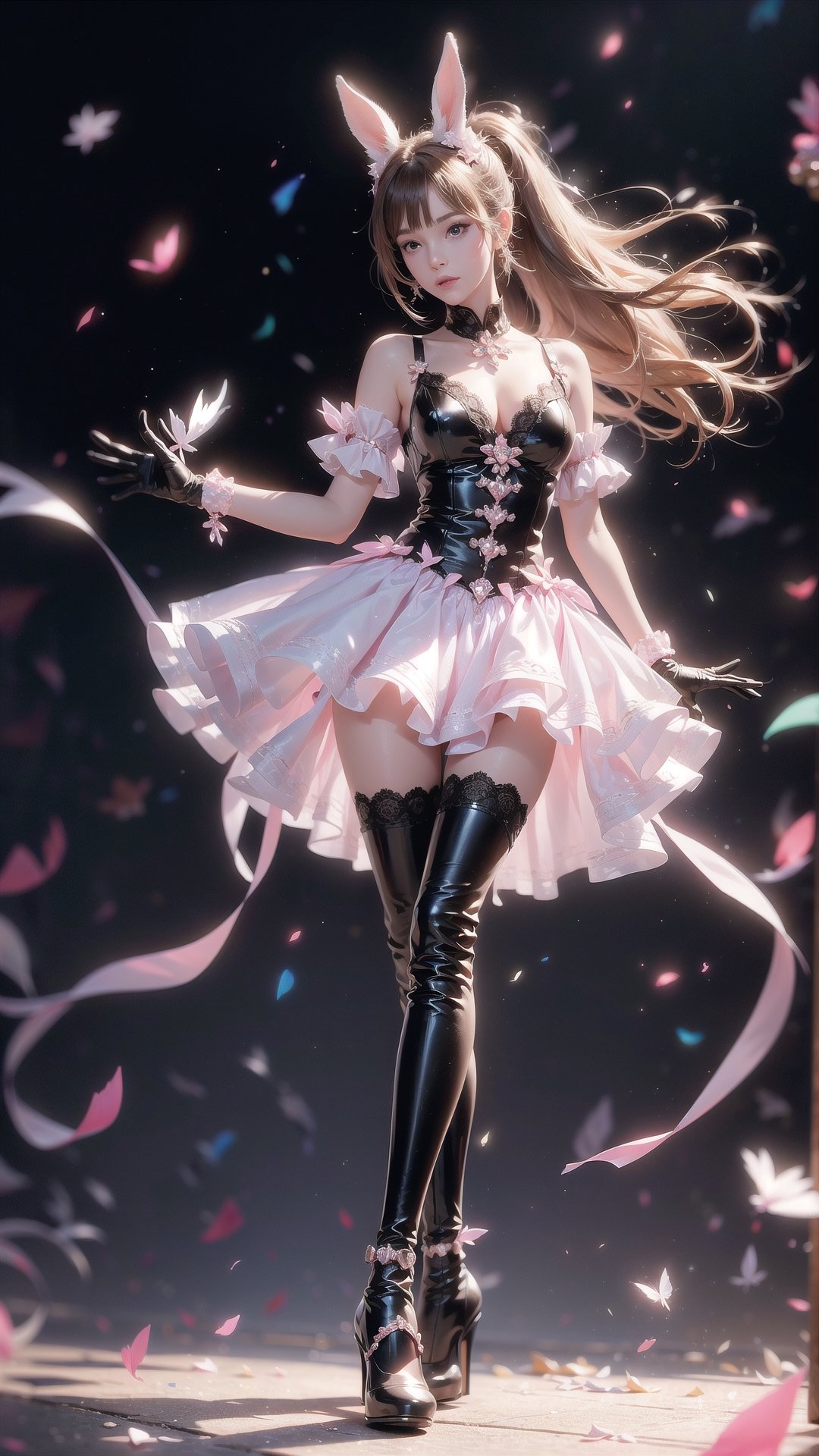 maid_outfit,1 girl, boots, bra,  very long hair, black thighband pantyhose, full body view, full height, full body focus, high heeled,kneehigh_boots, fair-skinned girl, tall, narrow waist, dynamic poses, dynamic angles, lolita fashion, long gloves, black gloves, frilly gloves, sex, thighs, bare thighs, long bangs, upskirt, big breasts, dress,ponytail,floating hair,bunny girl, long legs, spread legs, bound,kneehigh_boots,yuzu,