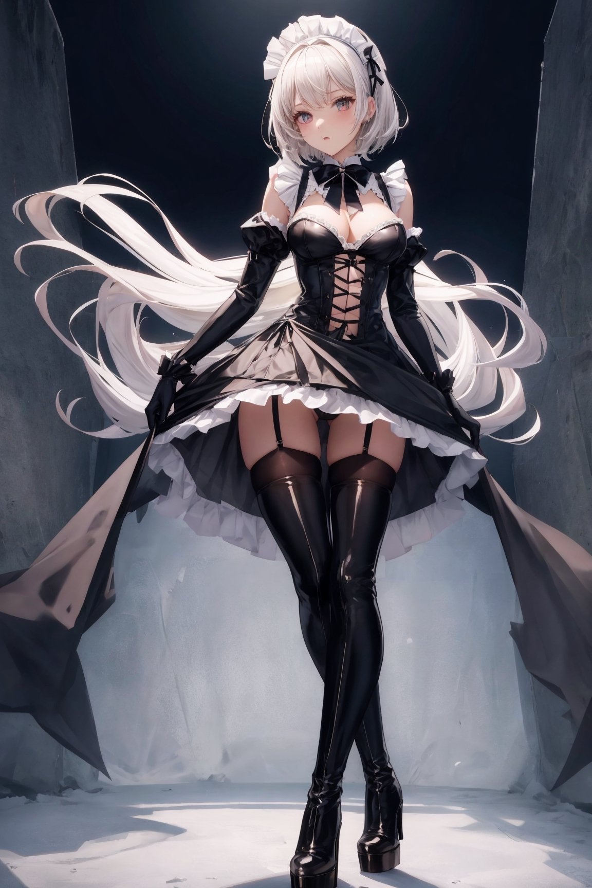 maid_dress , 1 girl, Bondage, boots,  bra,  long_hair,  black pantyhose,full body,high heels thigh boots, two bare long legs, white-skinned girl, tall, narrow waist, dynamic pose, dynamic angle,lolita_fashion,long_gloves,hand in own hair,leggings,black gloves,frilled gloves,thighhighs,naked thighhighs,short hair,girl