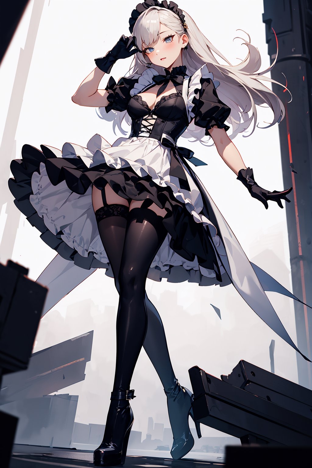 maid_dress ,  girl, Bondage, boots,  bra,  long_hair,  black pantyhose,full body,high heels thigh boots, two bare long legs, white-skinned girl, tall, narrow waist, dynamic pose, dynamic angle,lolita_fashion,long_gloves,hand on own face,leggings,black gloves,frilled gloves,High-denier tights,photorealistic