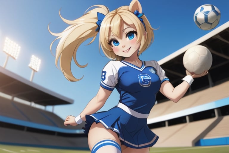 Anime, cheerleader, Finnish girl, small breasts, tight outfit, cute face, detailed blue eyes, (Silver-Blue cheerleader dress), football field, detailed, animated, fictional animation, inviting smile, butt cheeks, make up, eye liner, pony tails, Blonde-blue multicolor hair, choker necklace, earrings, jumping, Lions logo, perfect face, perfect eyes, perfect nose, short hair, blonde hair, blonde hair, blue hair, white thigh high socks, full body