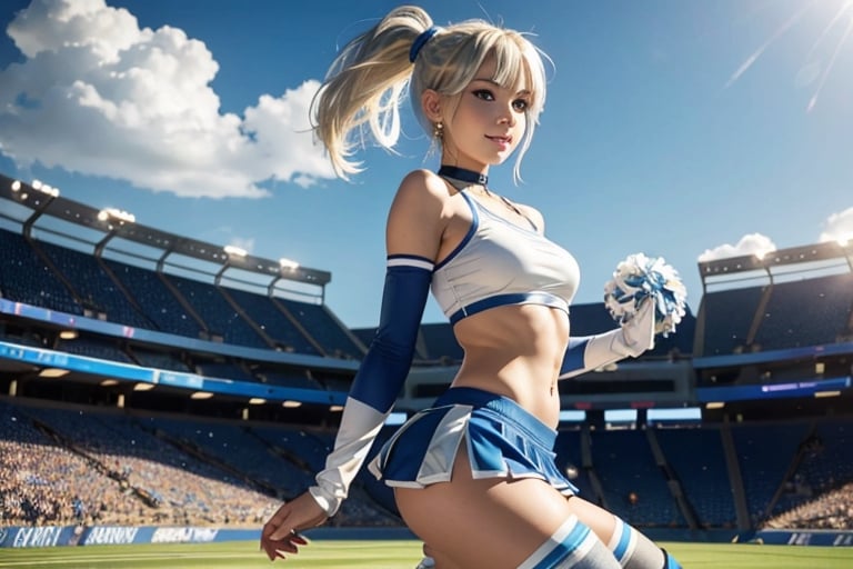 Anime, cheerleader, Finnish girl, small breasts, tight outfit, perfect breasts, perfect butt, cute face, detailed blue eyes, (Silver-Blue sexy cheerleader outfit), outside, grassy, detailed, animated, fictional animation, inviting smile, butt cheeks, make up, eye liner, pony tails, Blonde-blue multicolor hair, choker necklace, earrings, jumping, Lions logo, perfect face, perfect eyes, perfect nose, short hair, blonde hair, blonde hair, blue hair, thigh high socks