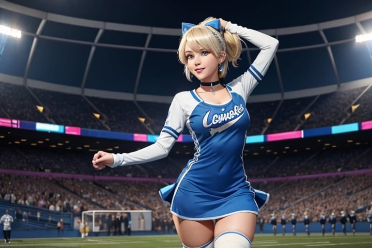 Anime, cheerleader, Finnish girl, small breasts, tight outfit, cute face, detailed blue eyes, (Silver-Blue cheerleader dress), football field, detailed, animated, fictional animation, inviting smile, butt cheeks, make up, eye liner, pony tails, Blonde-blue multicolor hair, choker necklace, earrings, jumping, Lions logo, perfect face, perfect eyes, perfect nose, short hair, blonde hair, blonde hair, blue hair, white thigh high socks, full body