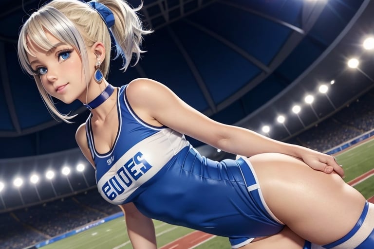 Anime, cheerleader, Finnish girl, small breasts, tight outfit, cute face, detailed blue eyes, (Silver-Blue cheerleader outfit), football field, detailed, animated, fictional animation, inviting smile, butt cheeks, make up, eye liner, pony tails, Blonde-blue multicolor hair, choker necklace, earrings, jumping, Lions logo, perfect face, perfect eyes, perfect nose, short hair, blonde hair, blonde hair, blue hair, white thigh high socks, full body