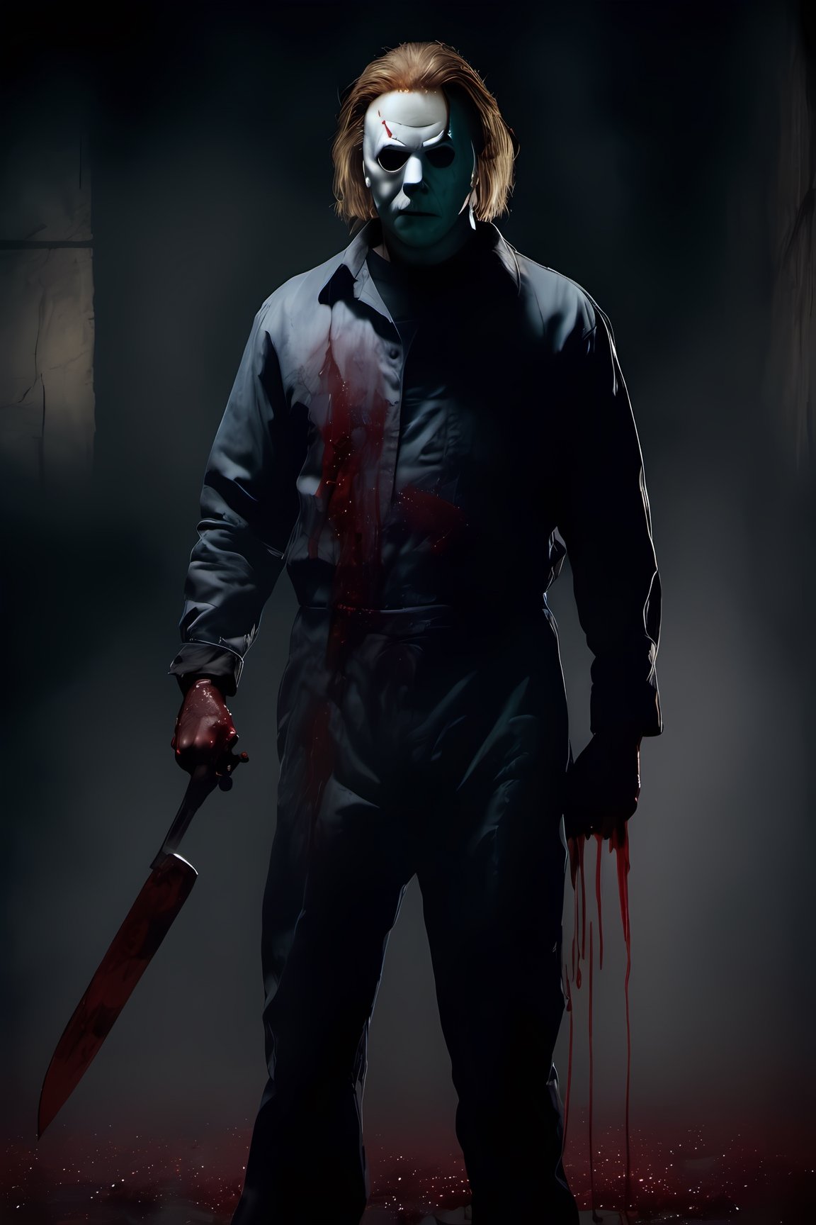 Michael Myers from the movie Halloween, plain mask,emotionless expression,messy hair, high quality, haunted house background, CryingBlood, blood, (holding a butchers knife covered in blood)