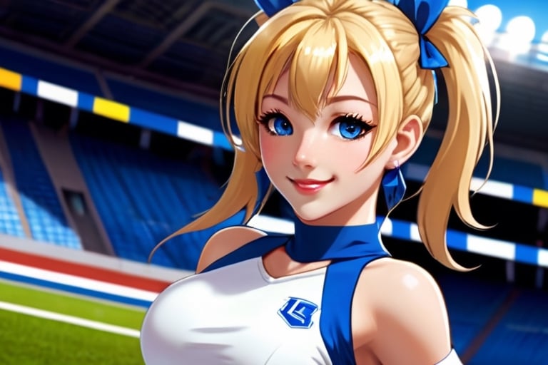 Anime, cheerleader, Finnish girl, small breasts, tight outfit, cute face, detailed blue eyes, (Silver-Blue cheerleader dress), football field, detailed, animated, fictional animation, inviting smile, butt cheeks, make up, eye liner, pony tails, Blonde-blue multicolor hair, choker necklace, earrings, jumping, Lions logo, perfect face, perfect eyes, perfect nose, short hair, blonde hair, blonde hair, blue hair, white thigh high socks, full body