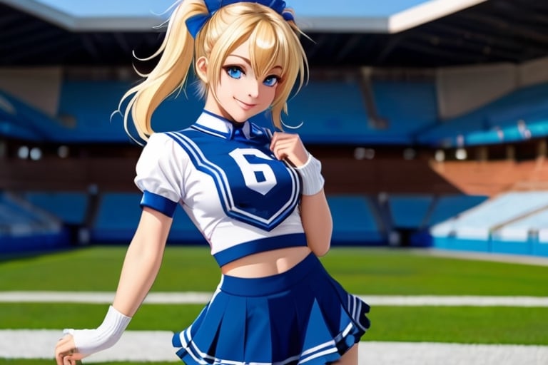 Anime, cheerleader, Finnish girl, small breasts, tight outfit, cute face, detailed blue eyes, (Silver-Blue cheerleader dress), football field, detailed, animated, fictional animation, inviting smile, butt cheeks, make up, eye liner, pony tails, Blonde-blue multicolor hair, choker necklace, earrings, jumping, Lions logo, perfect face, perfect eyes, perfect nose, short hair, blonde hair, blonde hair, blue hair, white thigh high socks, full body