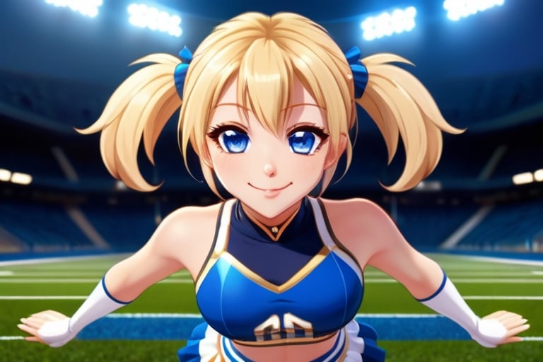 Anime, cheerleader, Finnish girl, small breasts, tight outfit, cute face, detailed blue eyes, (Silver-Blue cheerleader dress), football field, detailed, animated, fictional animation, inviting smile, butt cheeks, make up, eye liner, pony tails, Blonde-blue multicolor hair, choker necklace, earrings, jumping, Lions logo, perfect face, perfect eyes, perfect nose, short hair, blonde hair, blonde hair, blue hair, white thigh high socks, full body